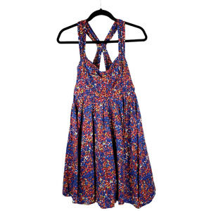 French Connection Swing Dress Women 4 Blue Red White Sleeveless Cross Back Lined